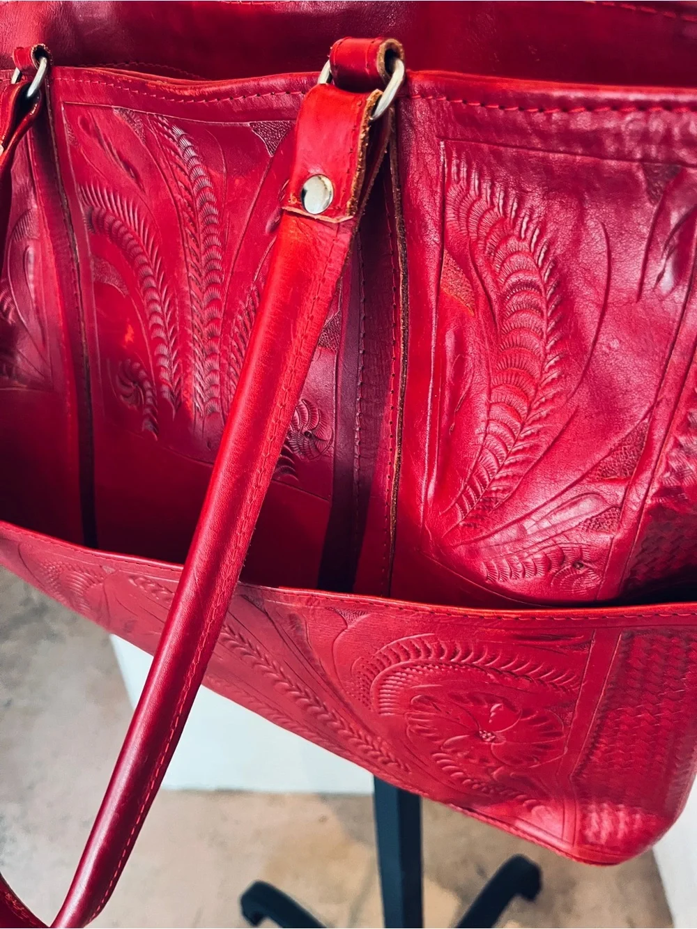 Vintage Red Embossed Leather Shoulder Tote